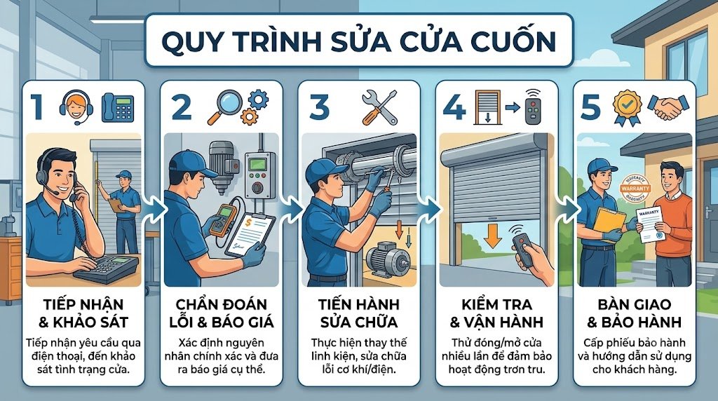 Sơ đồ các bước trong quy trình sửa cửa cuốn chuyên nghiệp