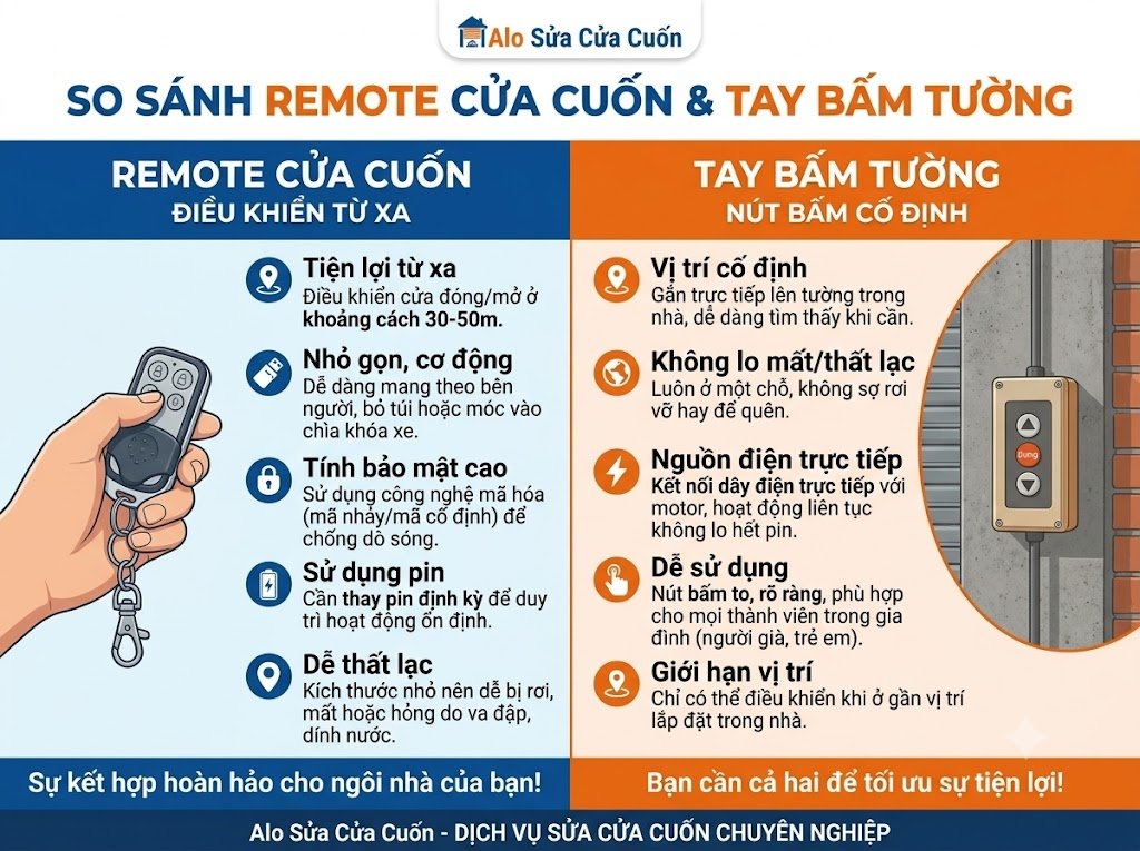 remote cửa cuốn và tay bấm tường khác nhau thế nào