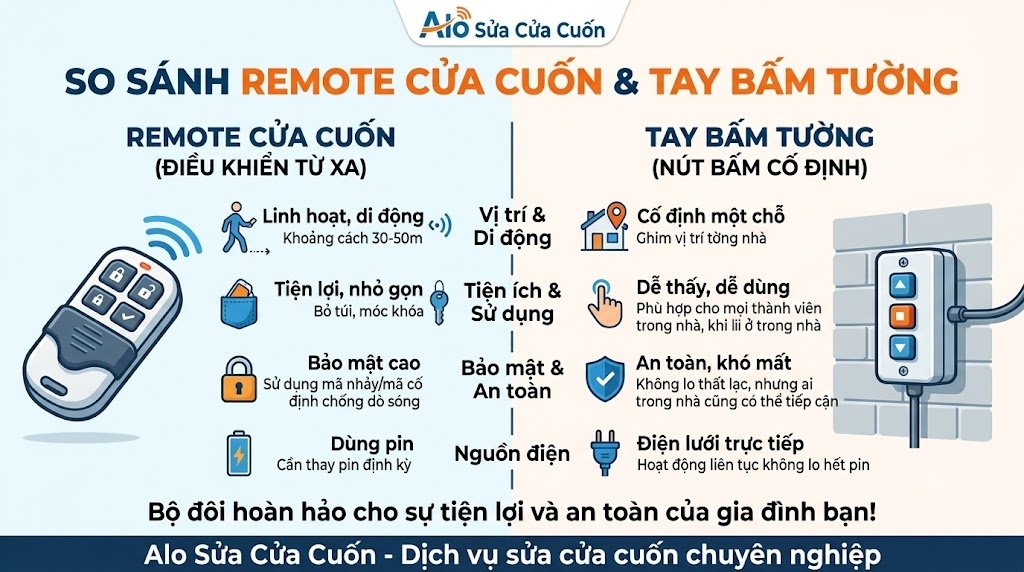 so sánh remote cửa cuốn và tay bấm tường