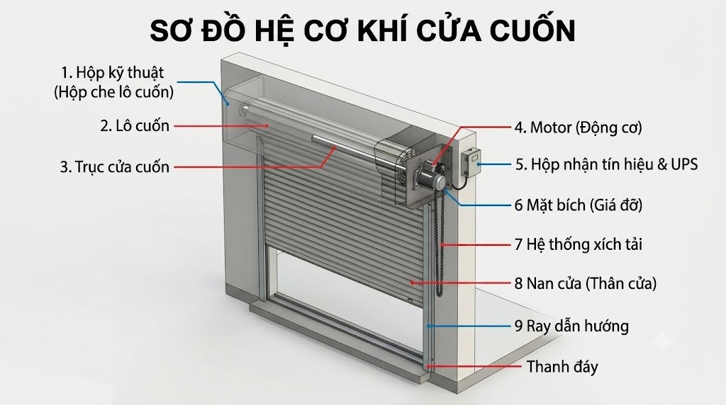 hệ cơ khí cửa cuốn gồm những bộ phận nào
